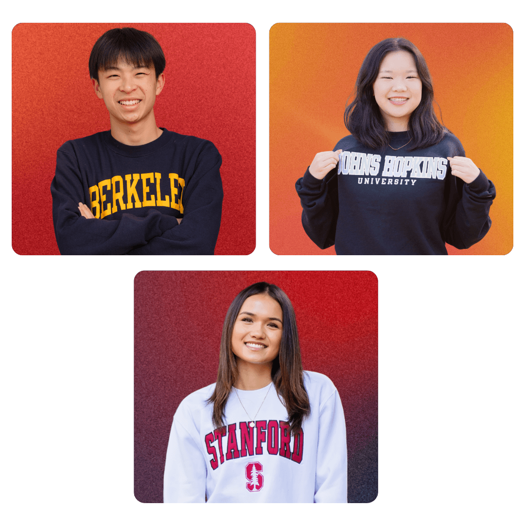 Three squares with ombre red and yellow featuring three student headshots