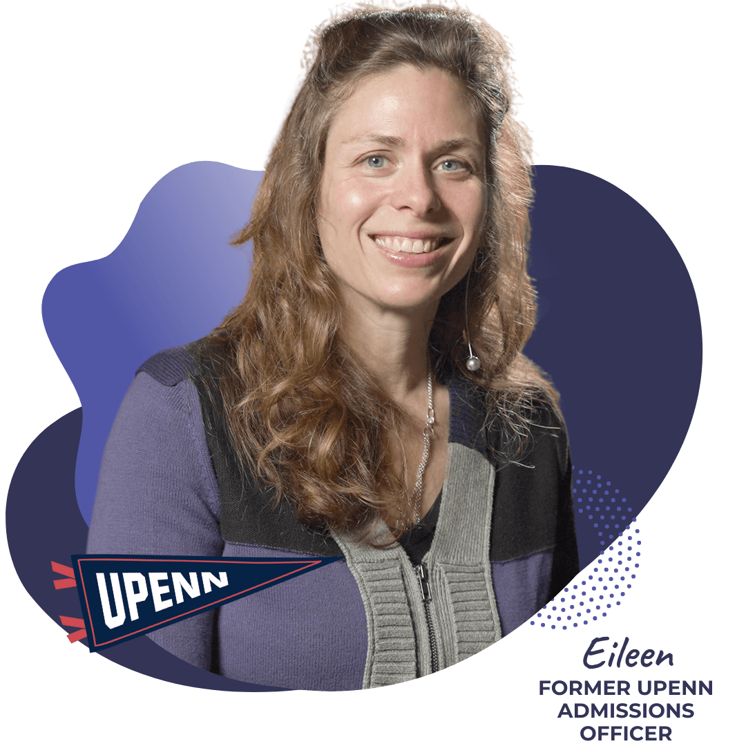 A photo of Eileen from the waste up in a blue shirt smiling on a blue background