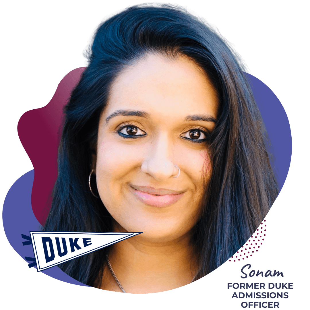 A photo of Sonam from the neck up, with a blue background