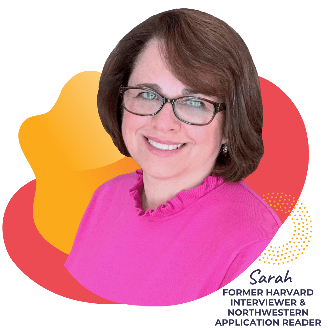 A picture of Sarah, former Harvard Interviewer and Northwestern Application Reader on a pink and yellow background.