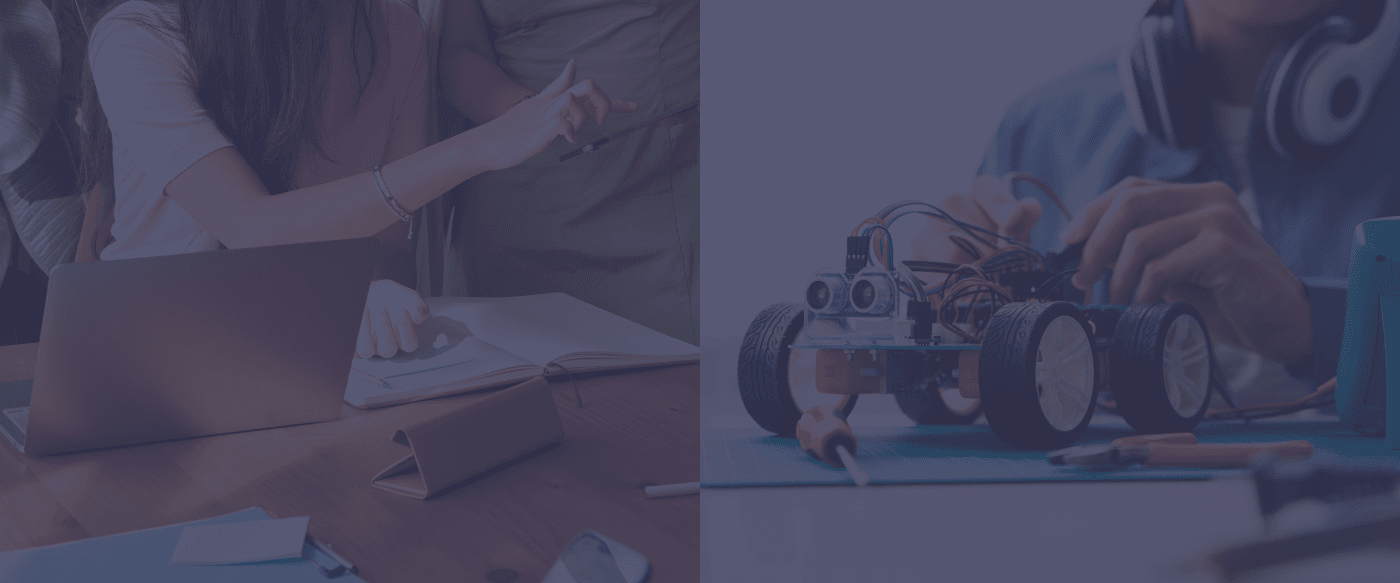 Girl working and Boy building a robot