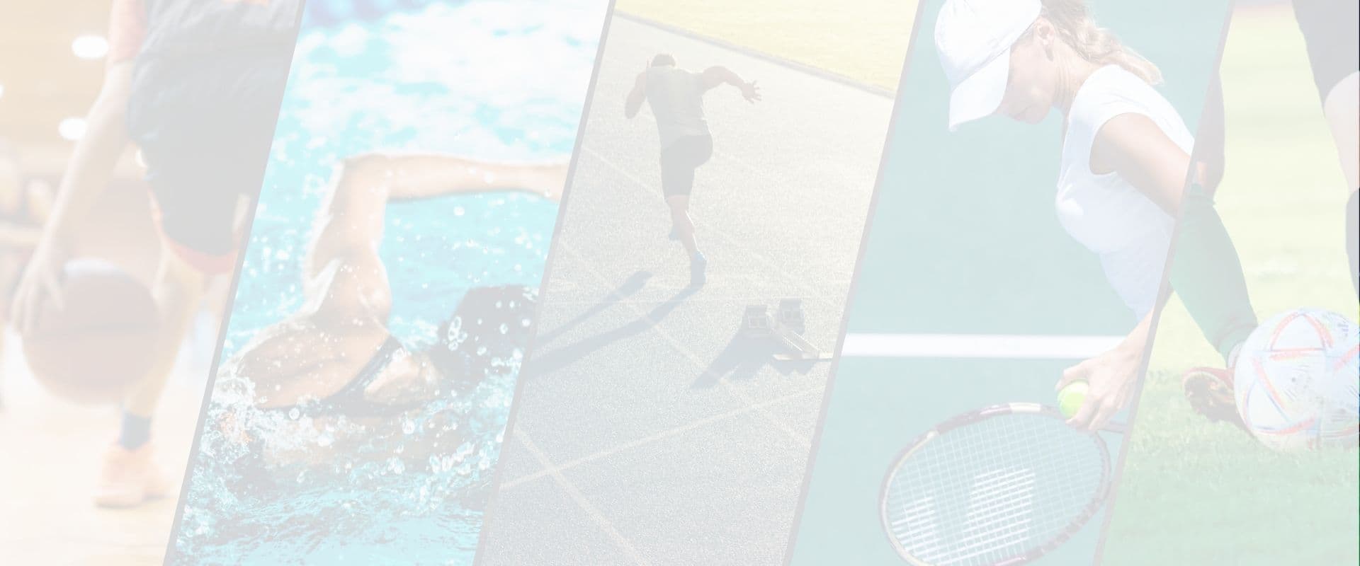 A photo of a basketball player, swimmer, track runner, tennis player and soccer foot with a ball