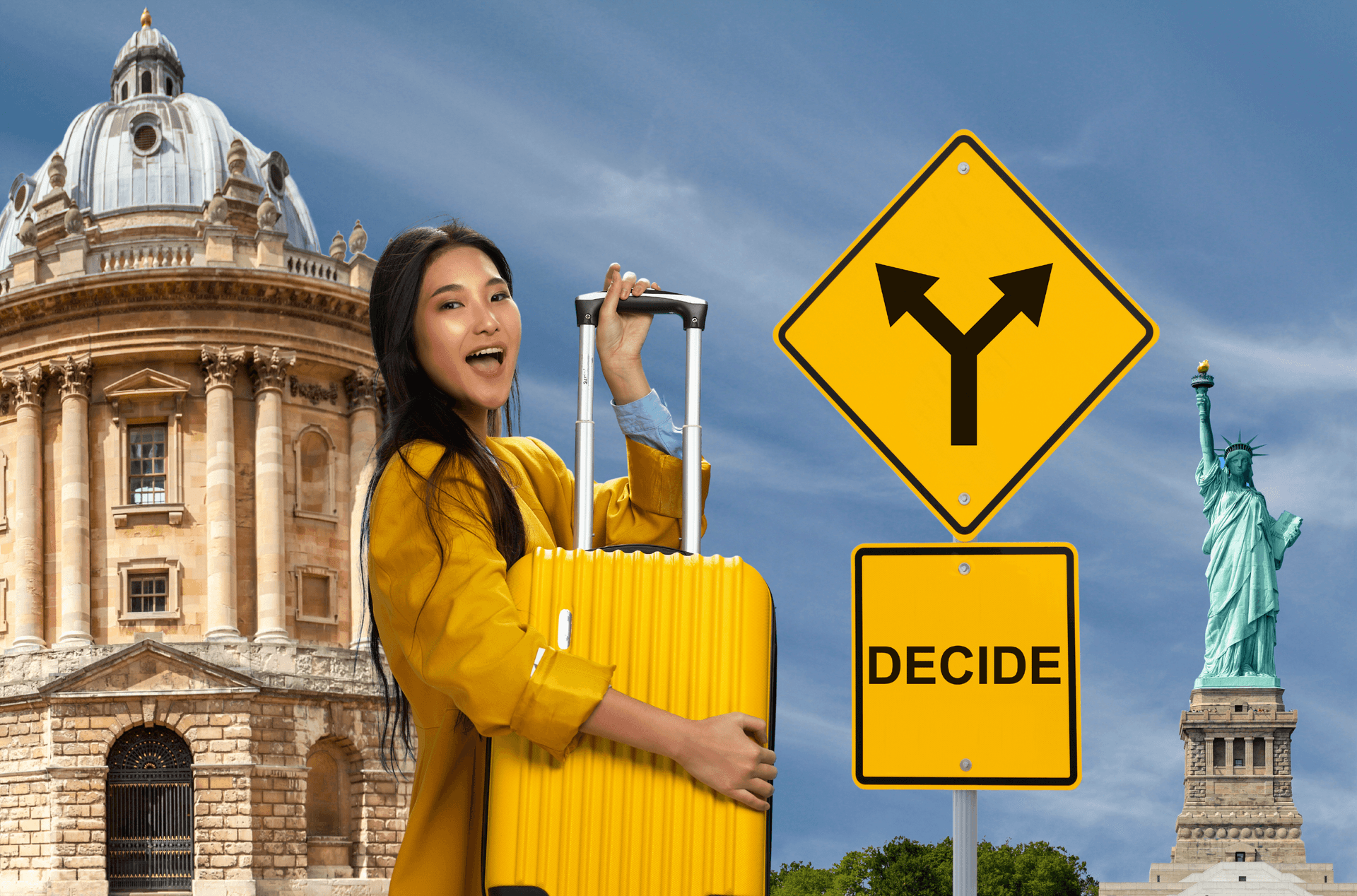 Girl with a suitcase near a sign that says "Decide"